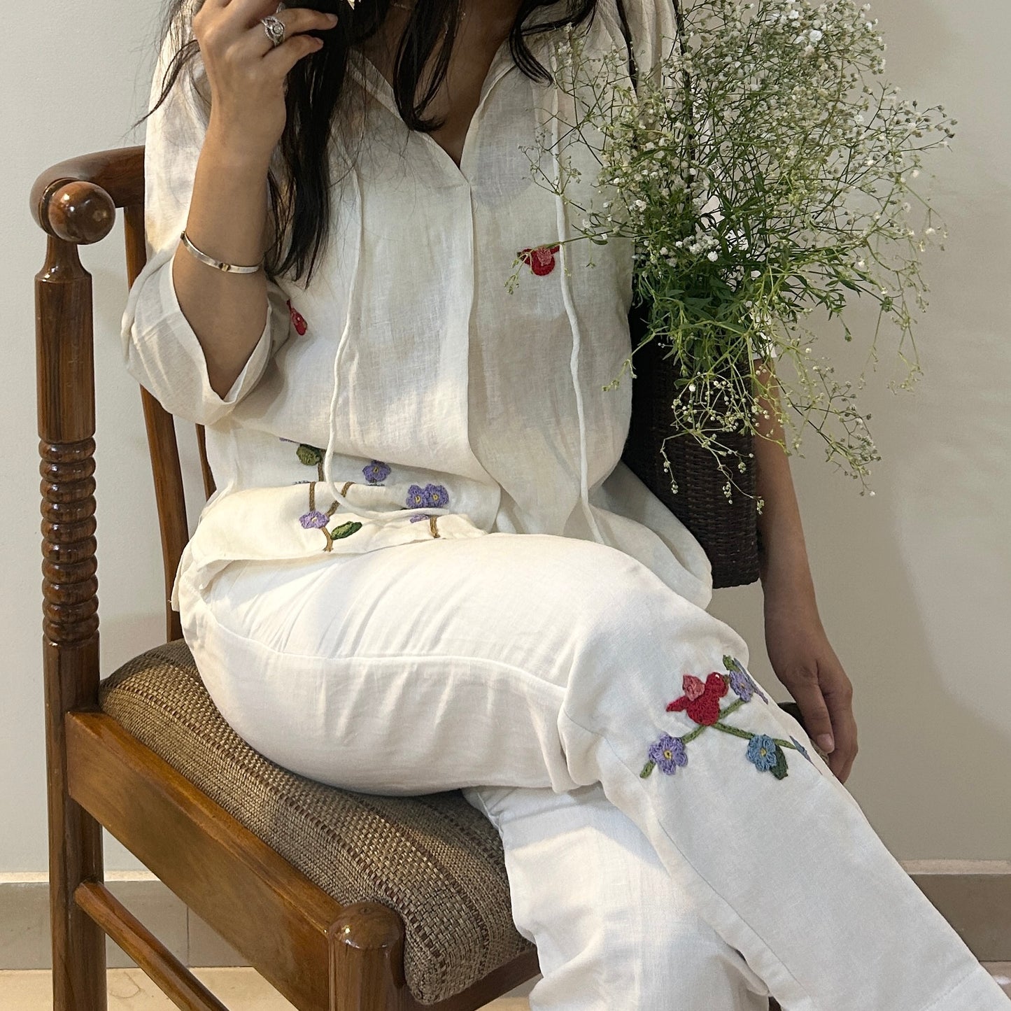 White Serene Stich Linen Top & Trouser Set