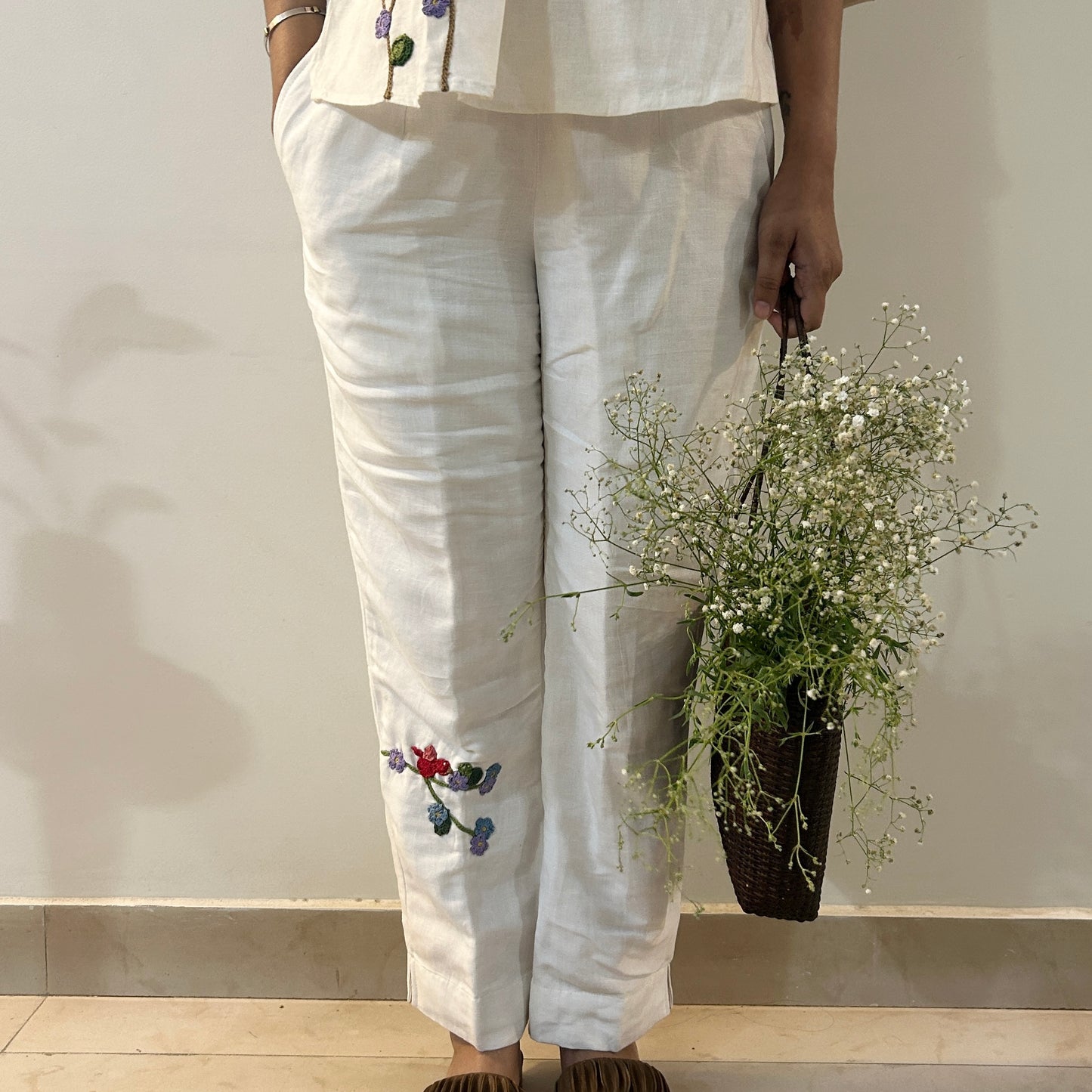 White Serene Stich Linen Top & Trouser Set