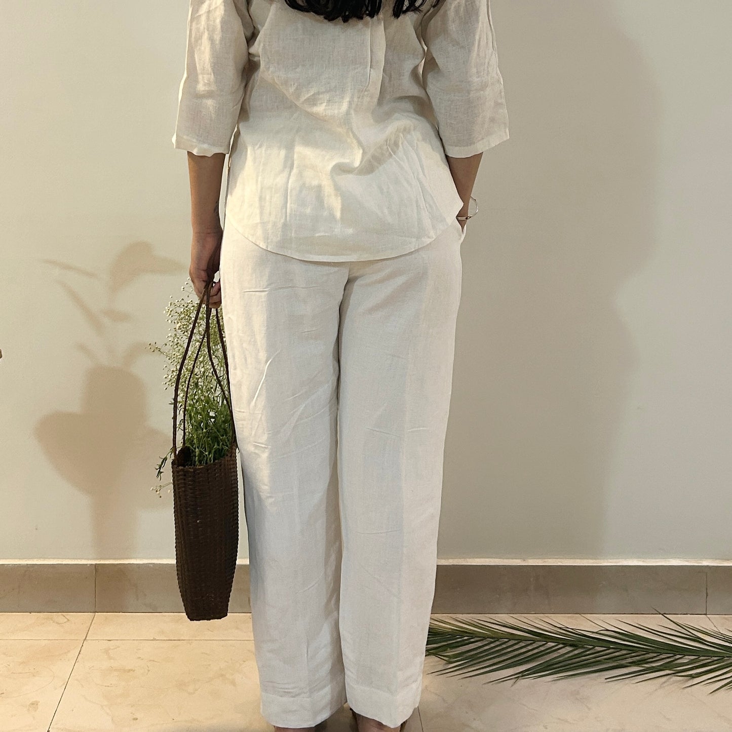 White Serene Stich Linen Top & Trouser Set