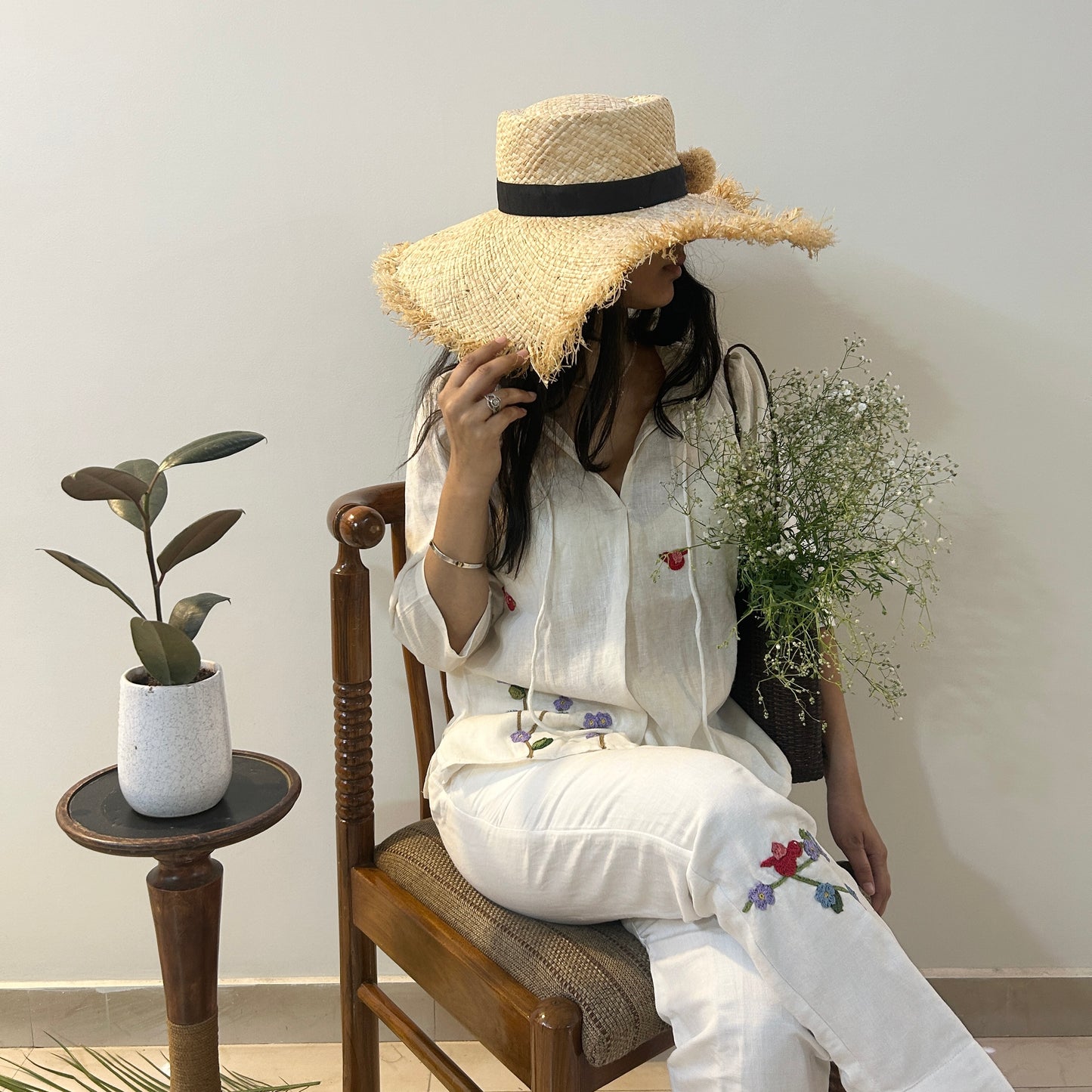 White Serene Stich Linen Top & Trouser Set