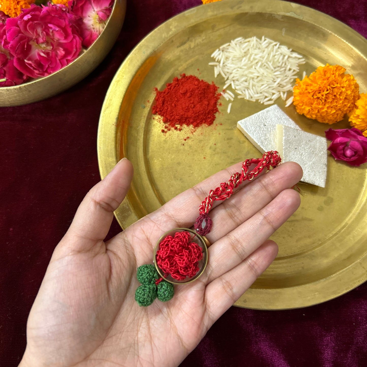 Set of Crochet Rose Rakhi and Lumba