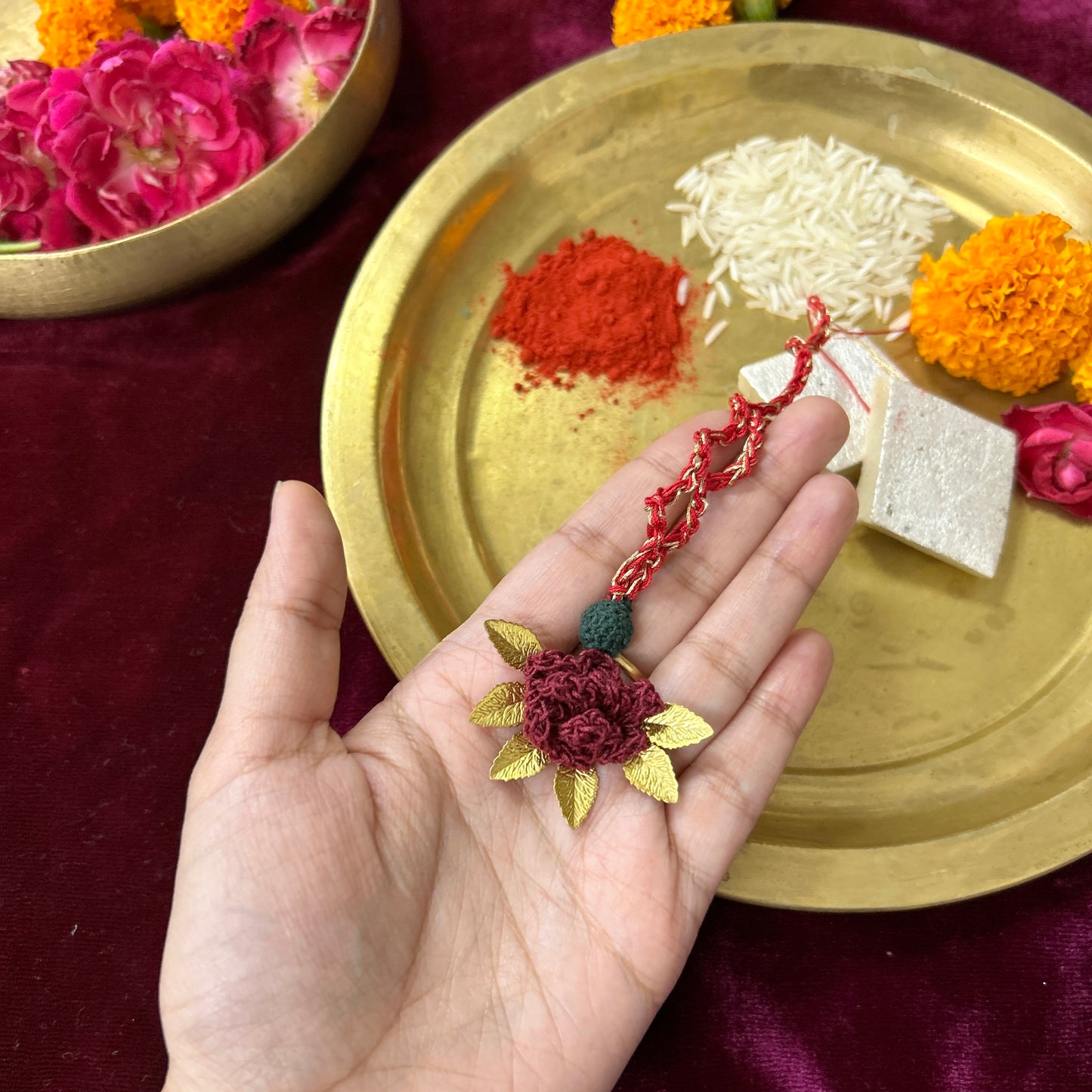 Set of Dainty Brass Leaf Rakhi and Lumba