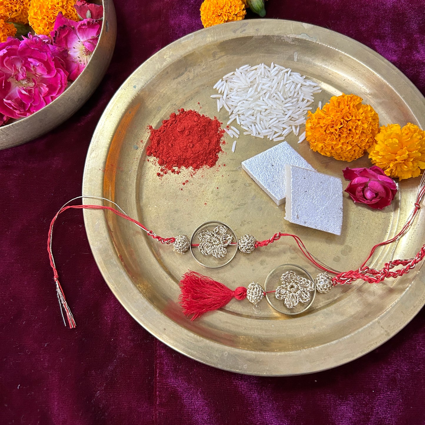 Set of Golden Crochet Flower Rakhi and Lumba