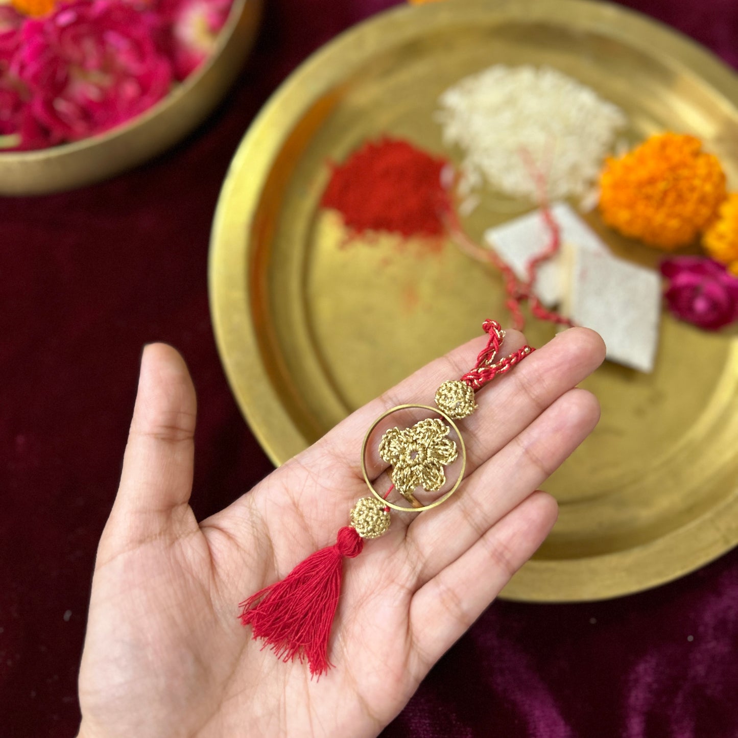 Set of Golden Crochet Flower Rakhi and Lumba