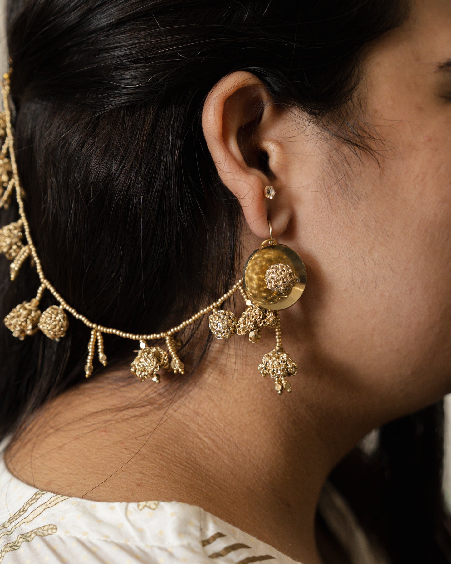 Sunehri Leher Earrings with Zari Gilded Earchains Set
