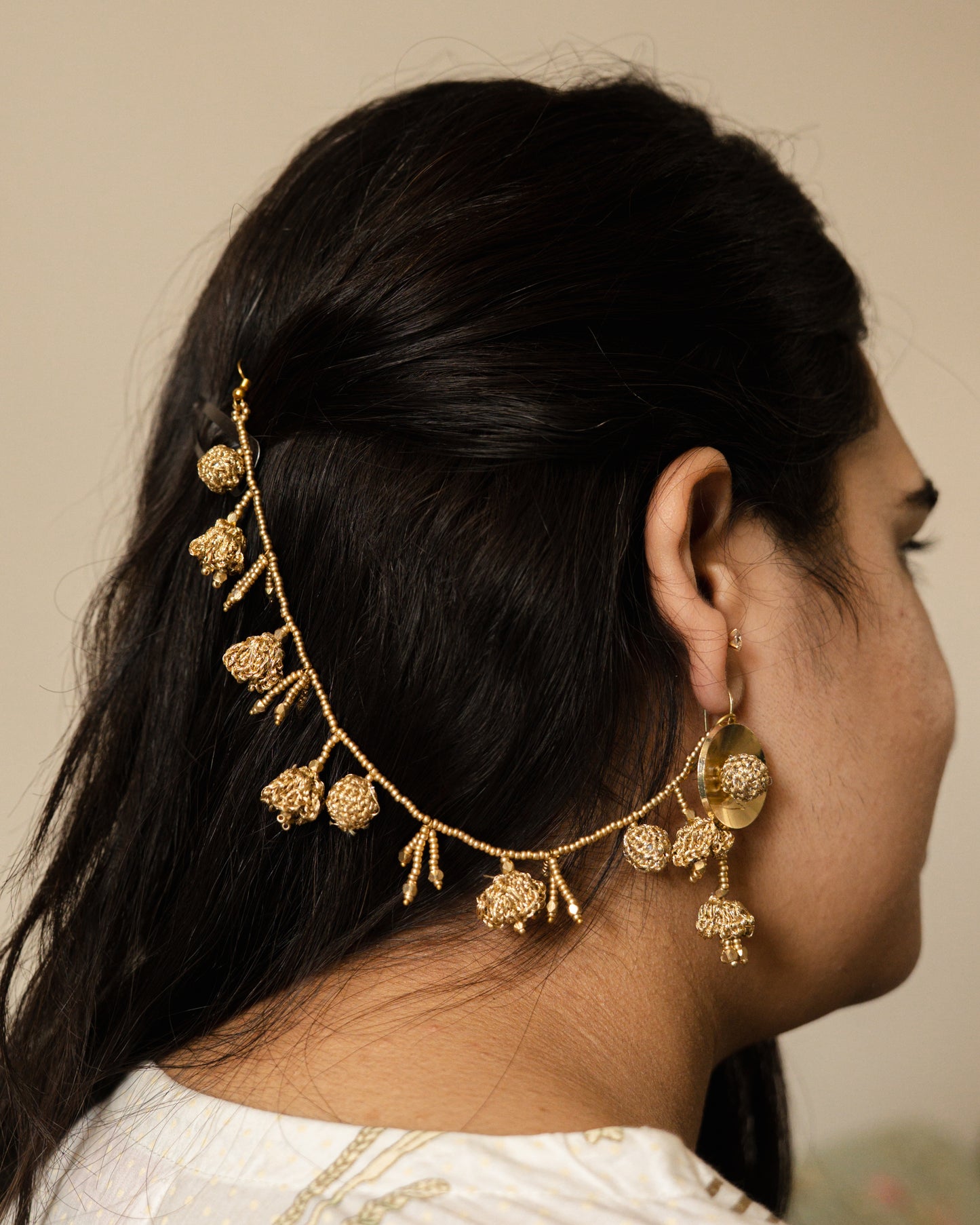 Sunehri Leher Earrings with Zari Gilded Earchains Set