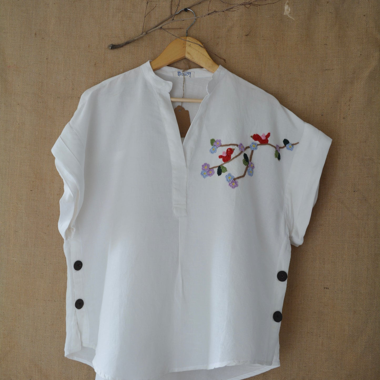 Freesize White Serene Stich Linen Shirt