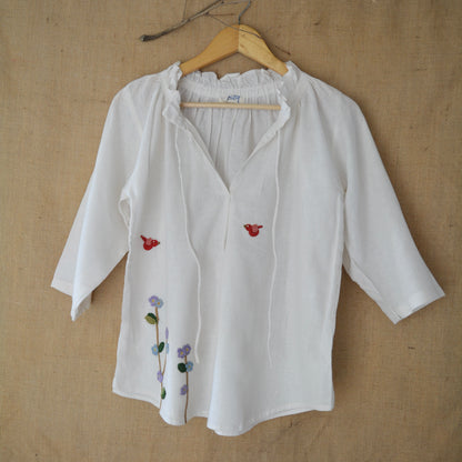 White Serene Stich Linen Top