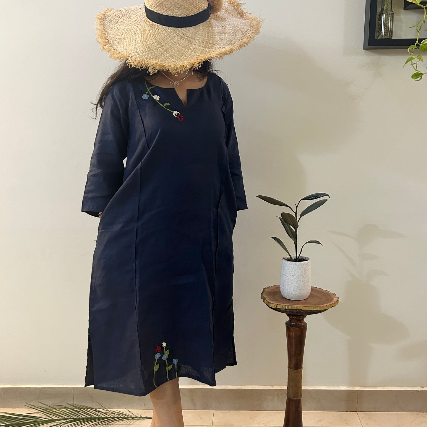 Indigo Bloom Linen Dress