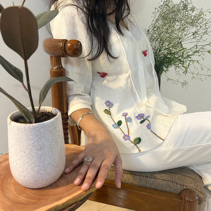 White Serene Stich Linen Shirt & Trouser Set