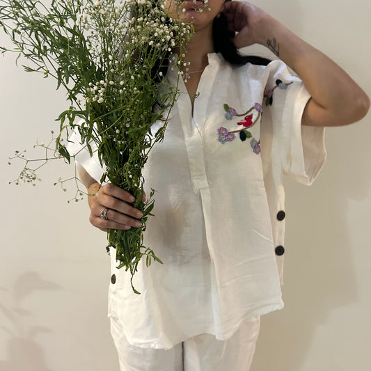 Freesize White Serene Stich Linen Shirt