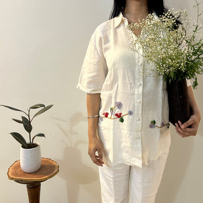 White Serene Stich Linen Shirt & Trouser Set