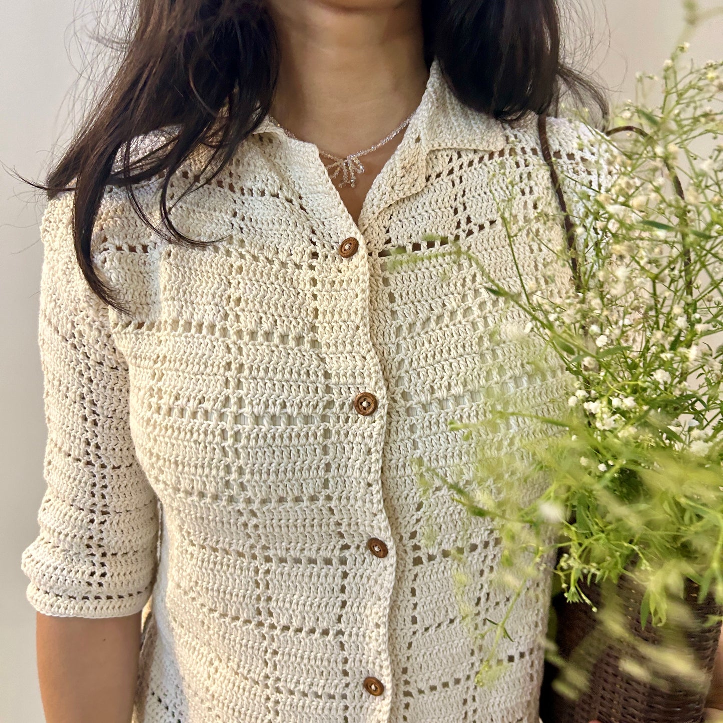 Ivory Grid Crochet Shirt