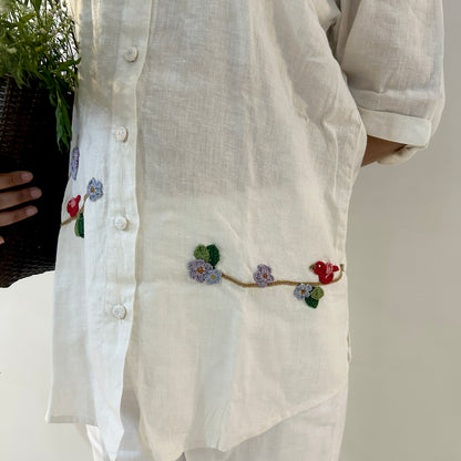 White Serene Stich Linen Shirt & Trouser Set