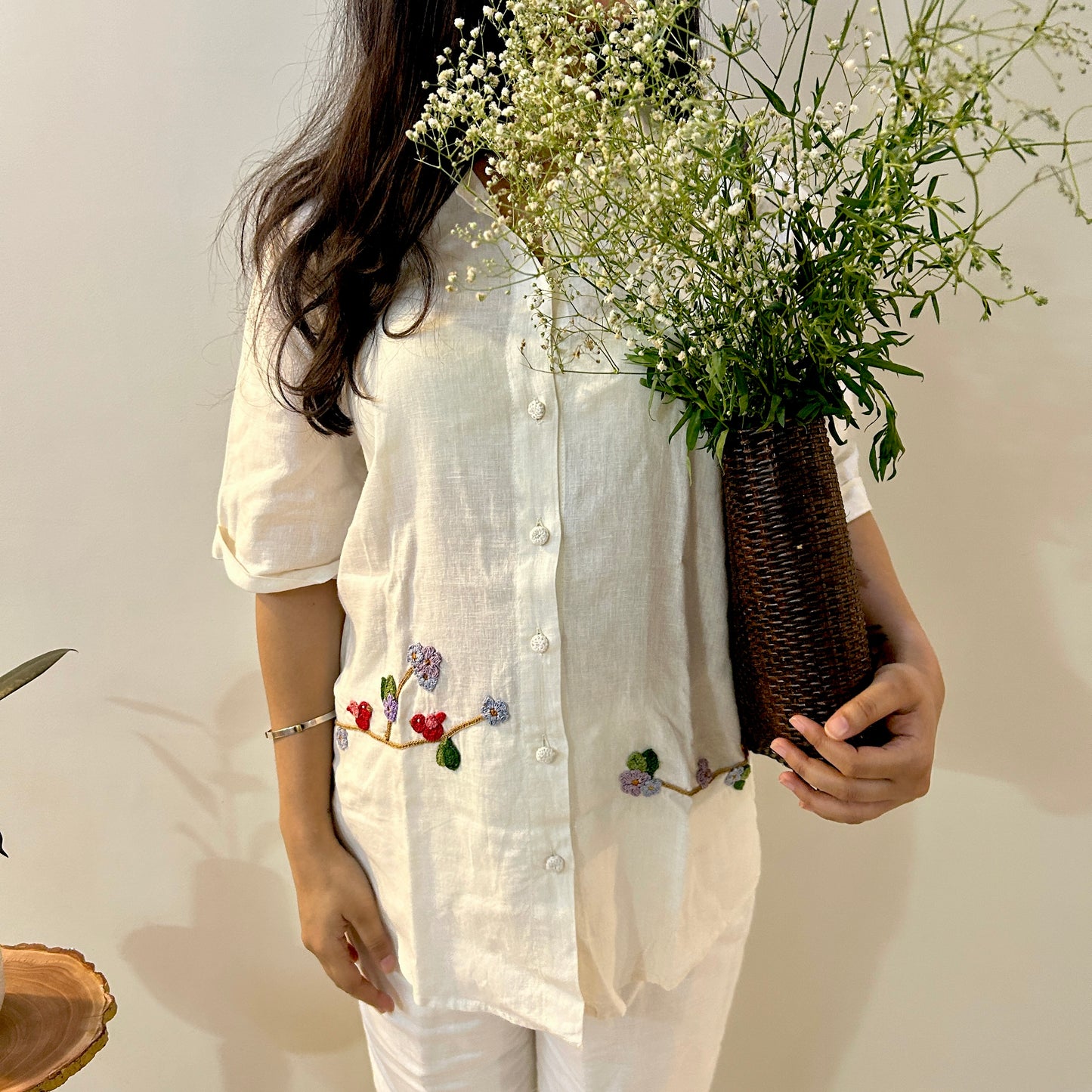 White Serene Stich Linen Shirt & Trouser Set