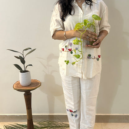 White Serene Stich Linen Shirt & Trouser Set