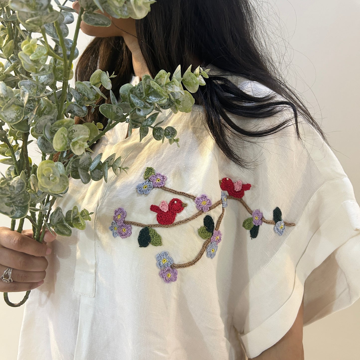 Freesize White Serene Stich Linen Shirt