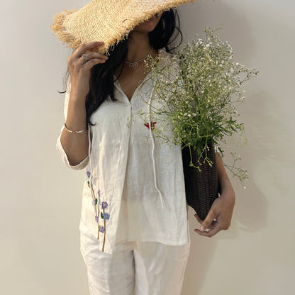 White Serene Stich Linen Shirt & Trouser Set