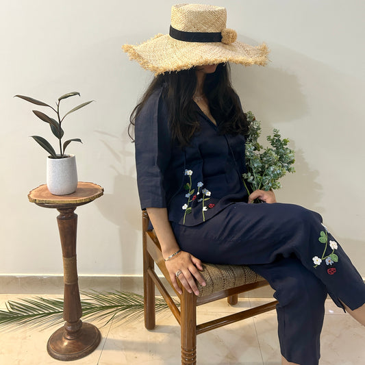 Indigo Serene Stich Linen Top & Trouser Set