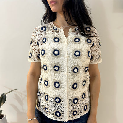 Blue Floral Chequered Crochet Shirt