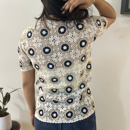 Blue Floral Chequered Crochet Shirt