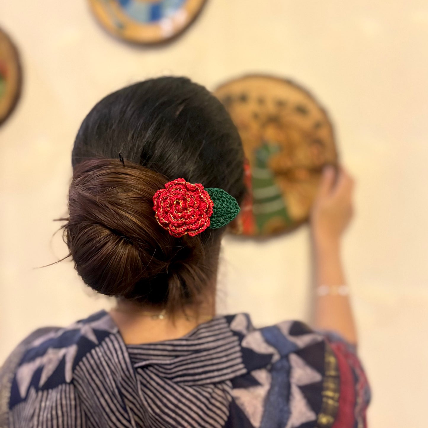 Red Zari Rose Bun Stick