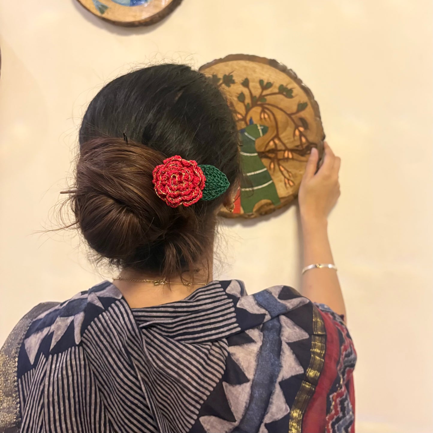 Red Zari Rose Bun Stick