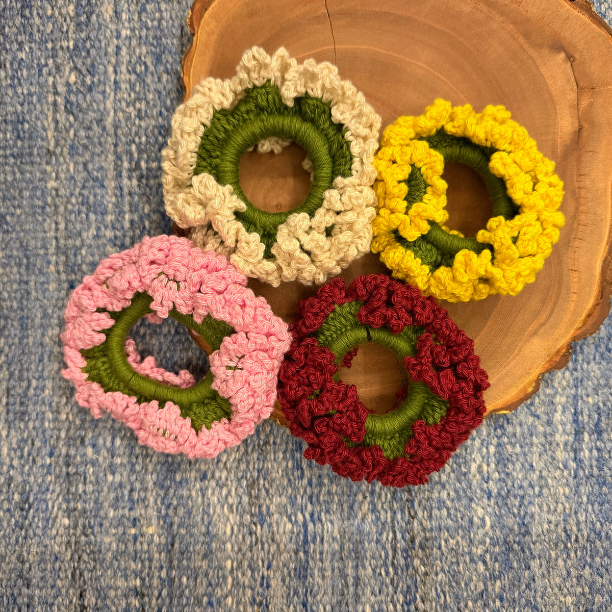 Set of White, Pink, Maroon and Yellow Gajra Scrunchie