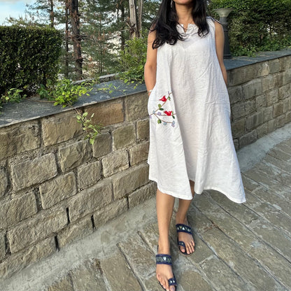 White Birds & Blossoms Linen Dress