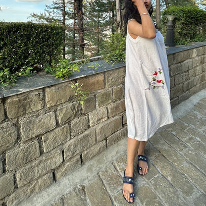 White Birds & Blossoms Linen Dress