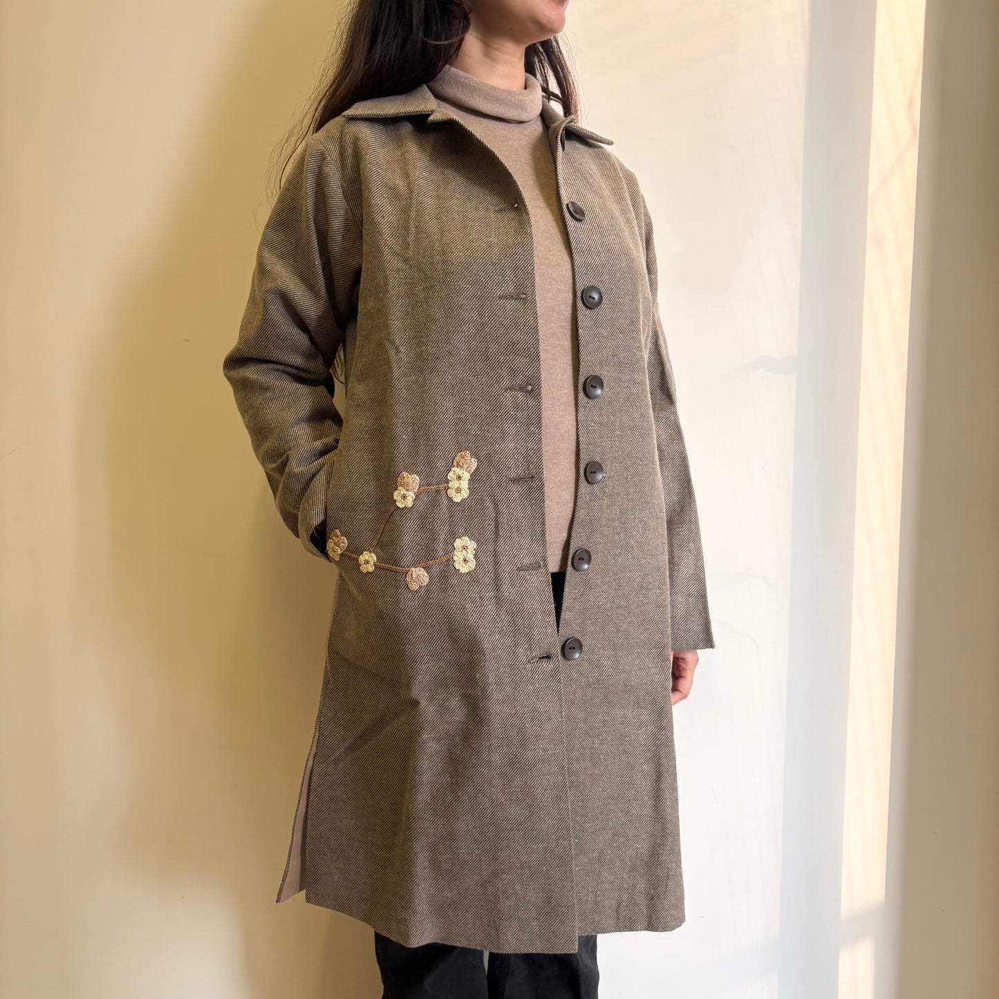 Beige Striped Straight Fit Woollen Jacket