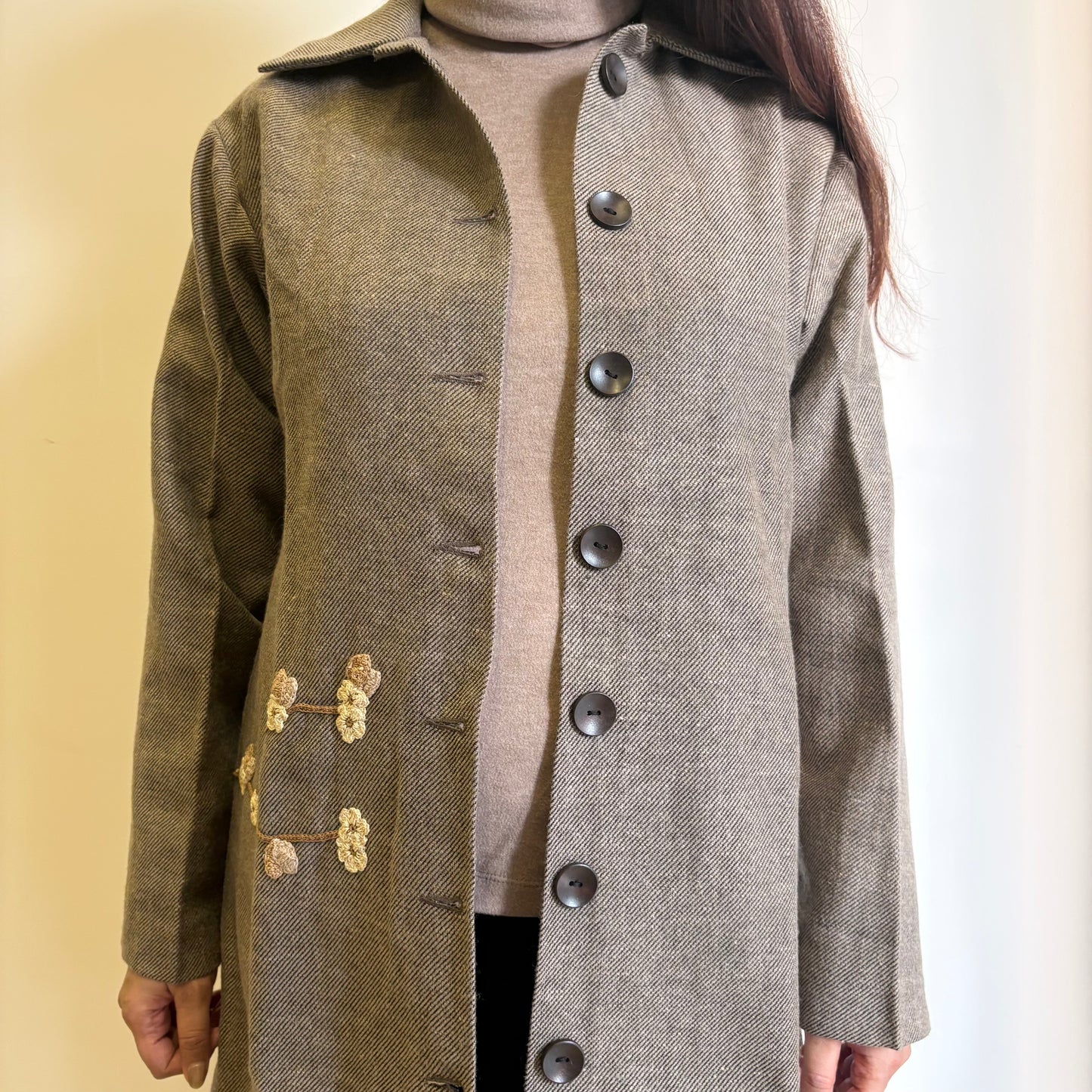 Beige Striped Straight Fit Woollen Jacket