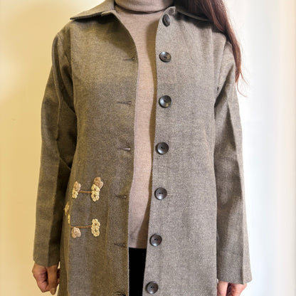 Beige Striped Straight Fit Woollen Jacket