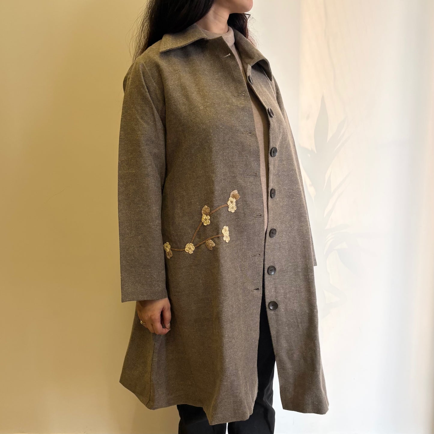 Beige Striped A-Line Woollen Jacket