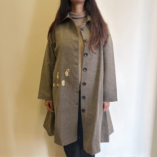 Beige Striped A-Line Woollen Jacket