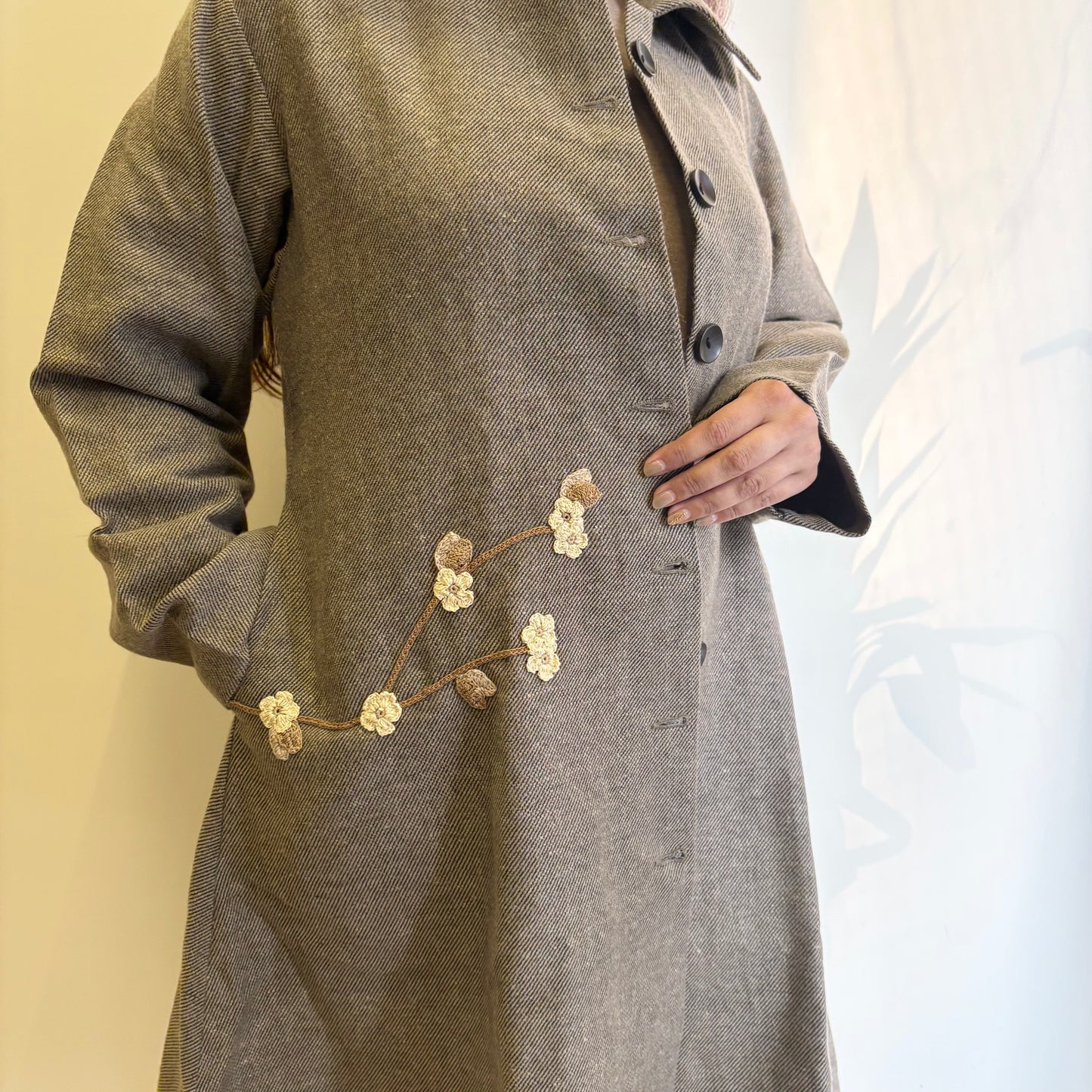 Beige Striped A-Line Woollen Jacket