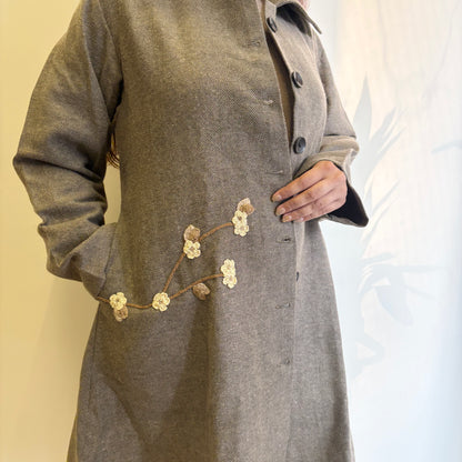 Beige Striped A-Line Woollen Jacket