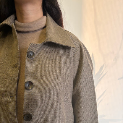 Beige Striped A-Line Woollen Jacket