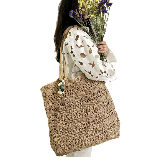 Tan Brown Crochet Tote Bag