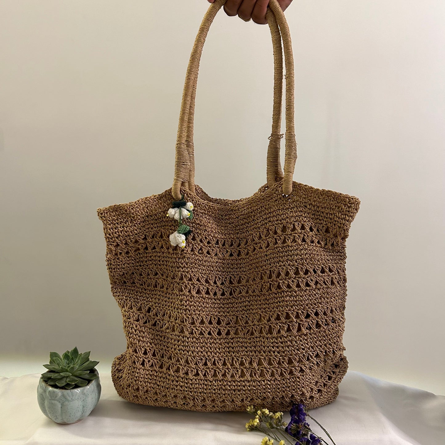 Tan Brown Crochet Tote Bag