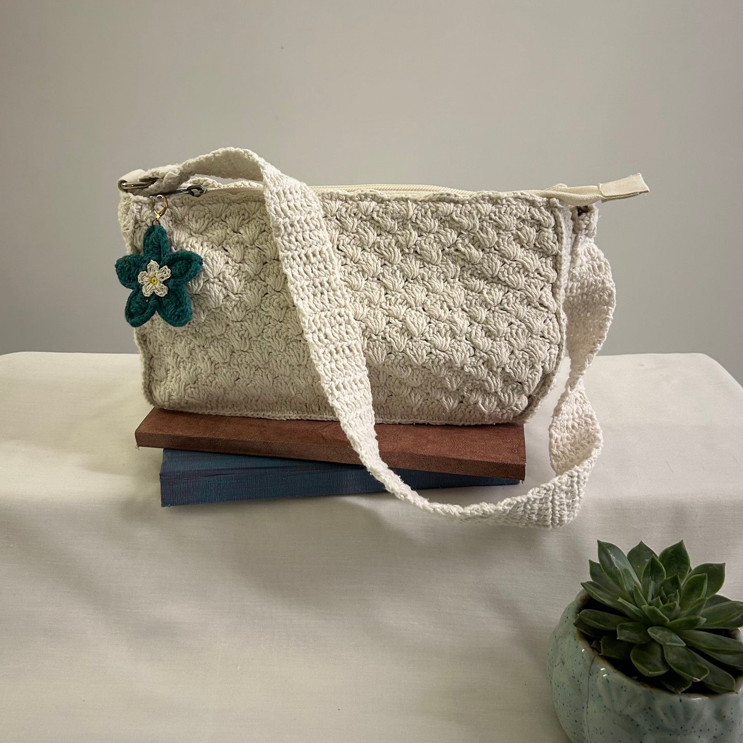 White Crochet Handbag with Charm