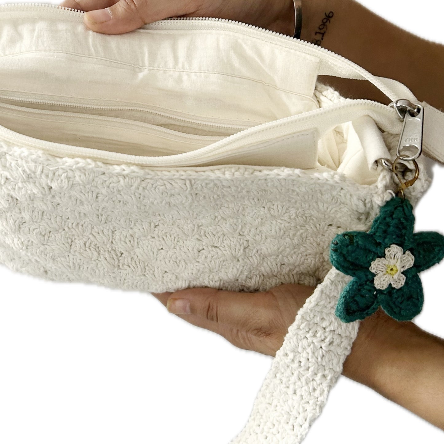 White Crochet Handbag with Charm