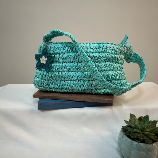 Teal Crochet Handbag with Charm