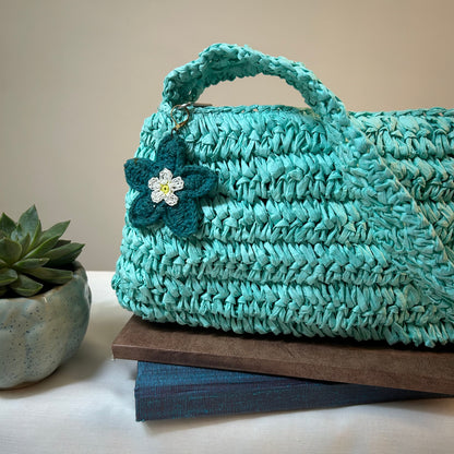 Teal Crochet Handbag with Charm