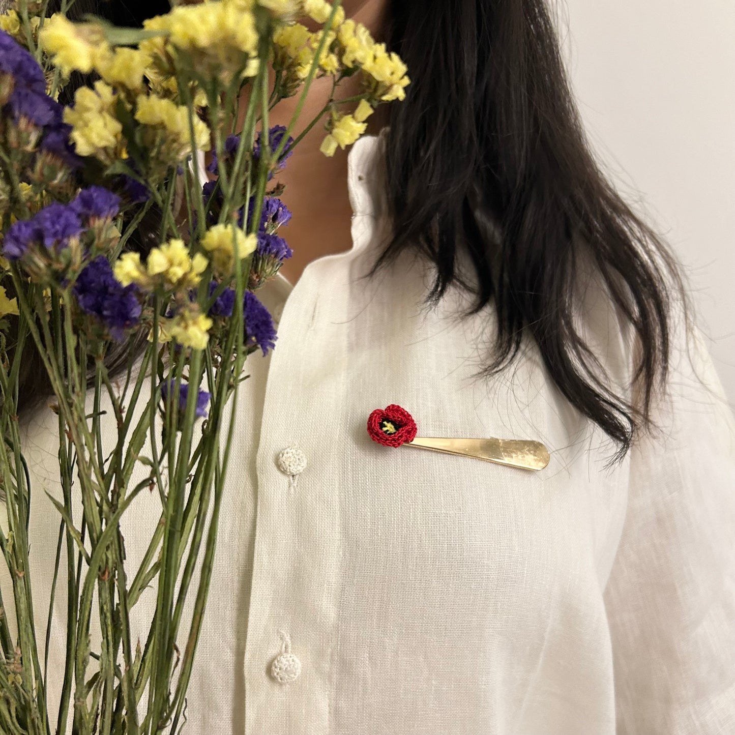 Poppy Crochet Brooch on a Metal Pin