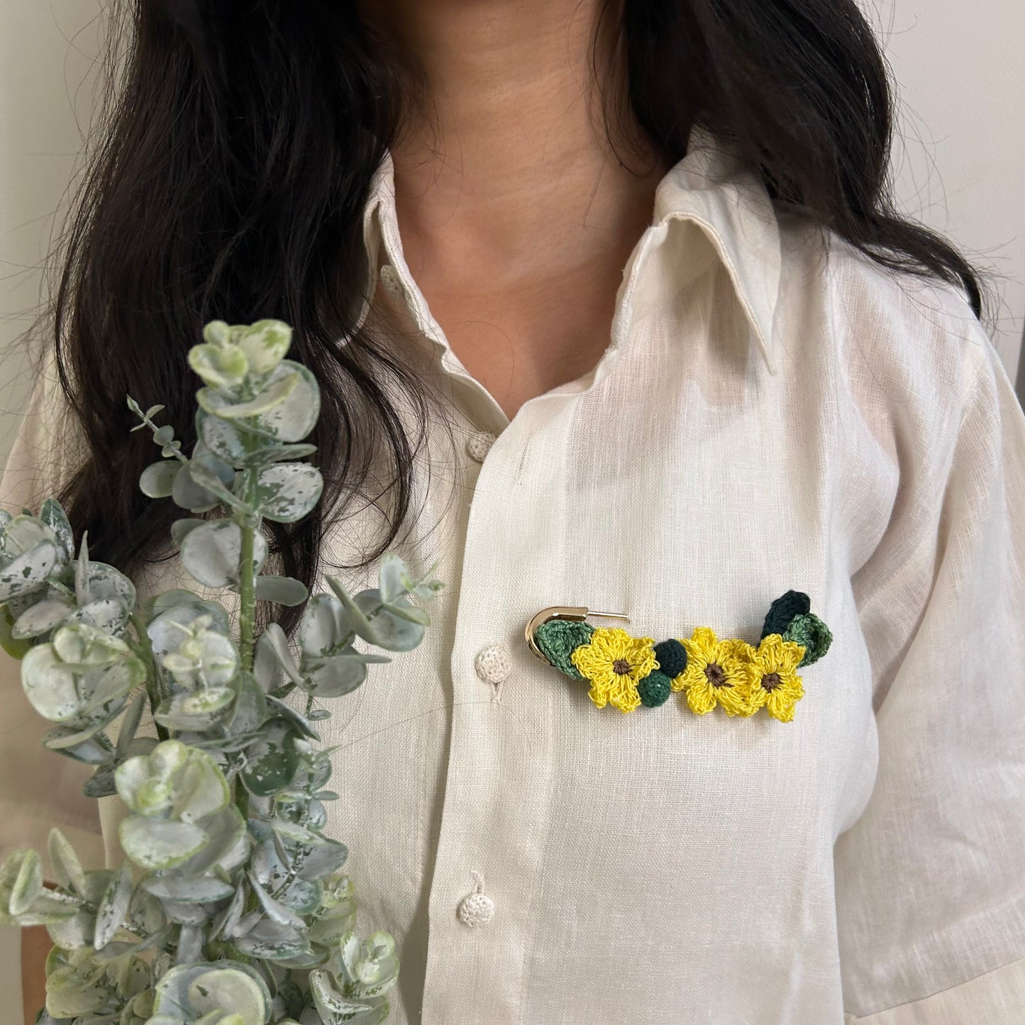 Sunflower Crochet Brooch on a Metal Pin