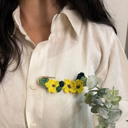 Sunflower Crochet Brooch on a Metal Pin