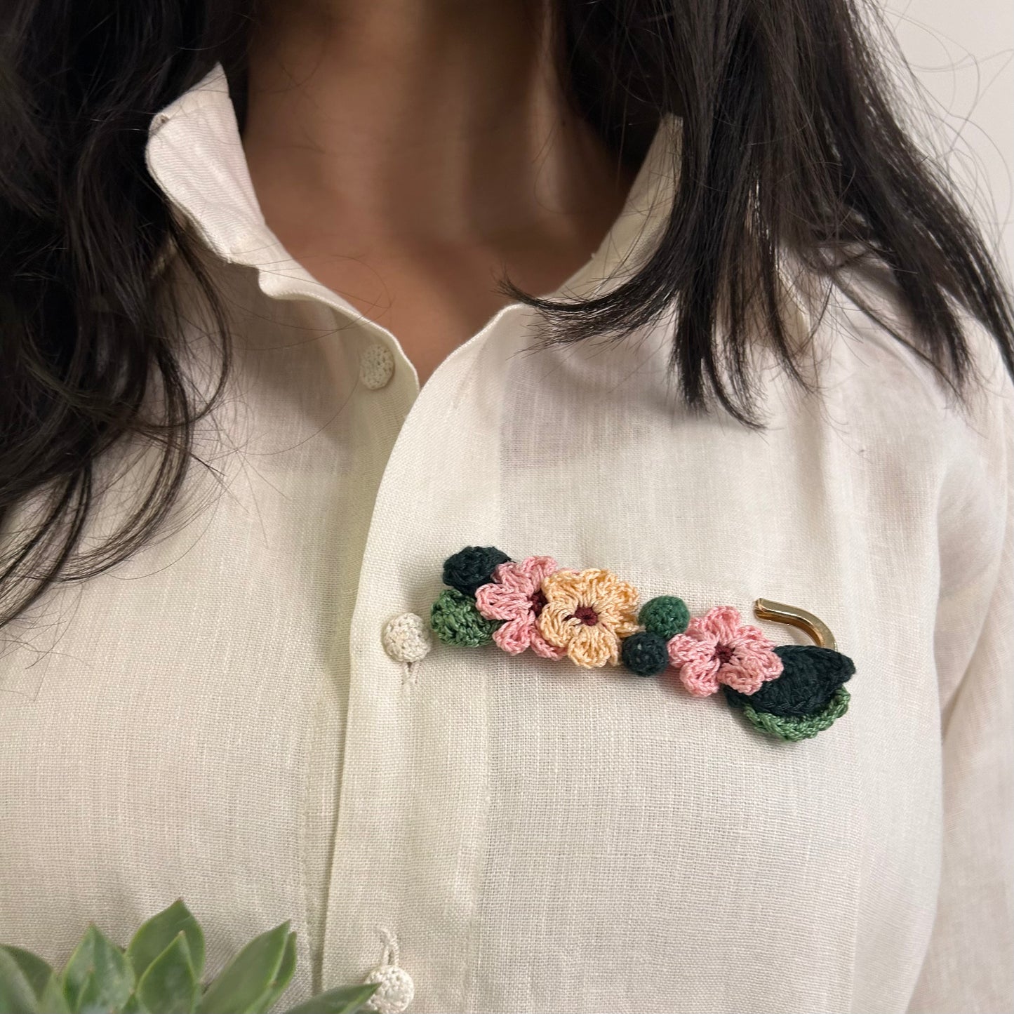 Pink and Peach Crochet Brooch on a Metal Pin