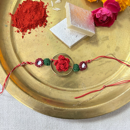 Crochet Rose in a Brass Ring Rakhi