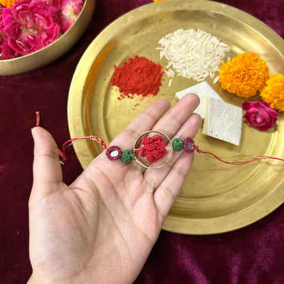 Crochet Rose in a Brass Ring Rakhi